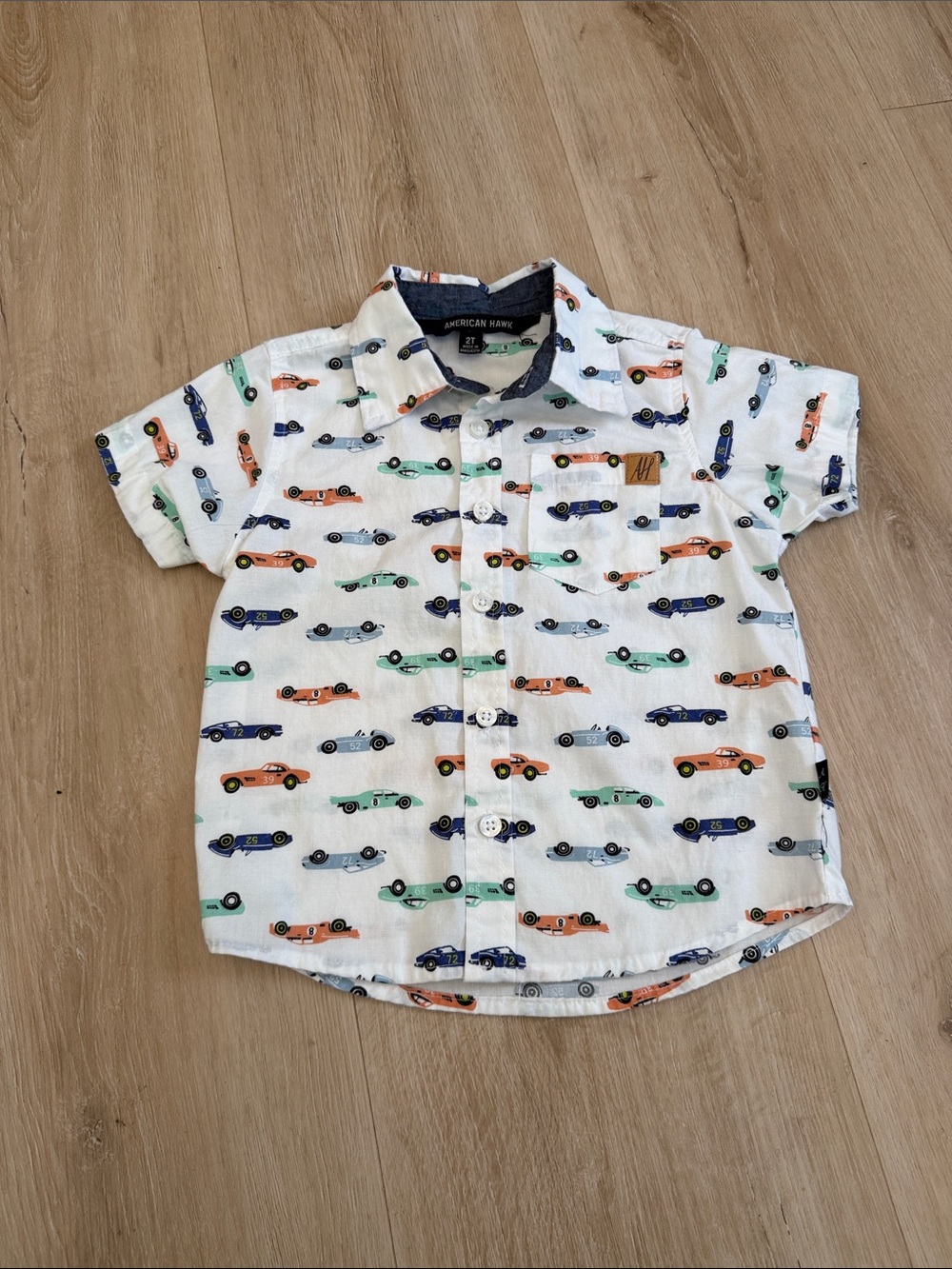 American Hawk Kids Short Sleeve Button Front Shirt - Car Print - White